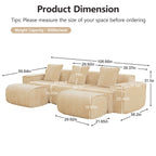Product dimensions of Modular Velvet Sectional Sofa with 3 seats and ottomans. Includes detailed measurements and 300 lbs/seat capacity.