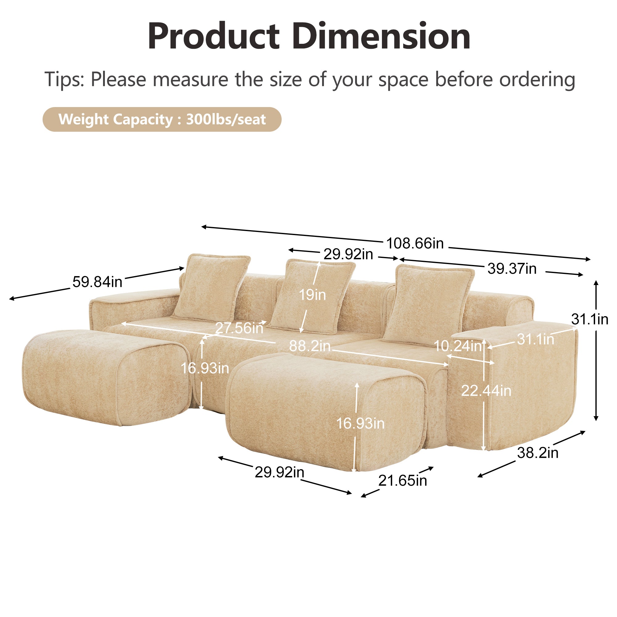 Product dimensions of Modular Velvet Sectional Sofa with 3 seats and ottomans. Includes detailed measurements and 300 lbs/seat capacity.