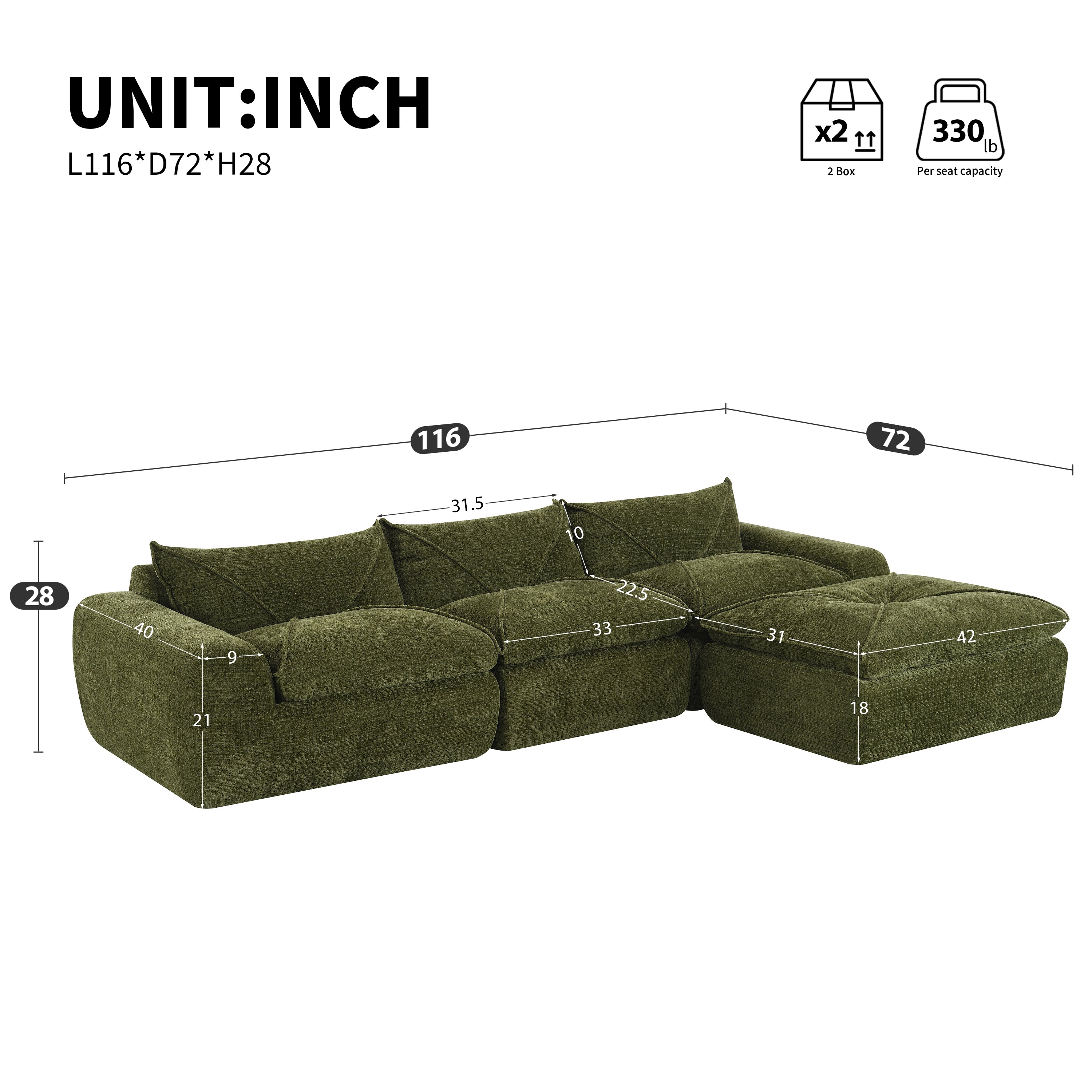Dimensions of 116'' compressed sofa with high density foam, showing 116'' width, 72'' depth, and 28'' height, ideal for spacious interiors.