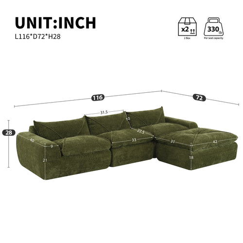 Dimensions of 116'' compressed sofa with high density foam, showing 116'' width, 72'' depth, and 28'' height, ideal for spacious interiors.