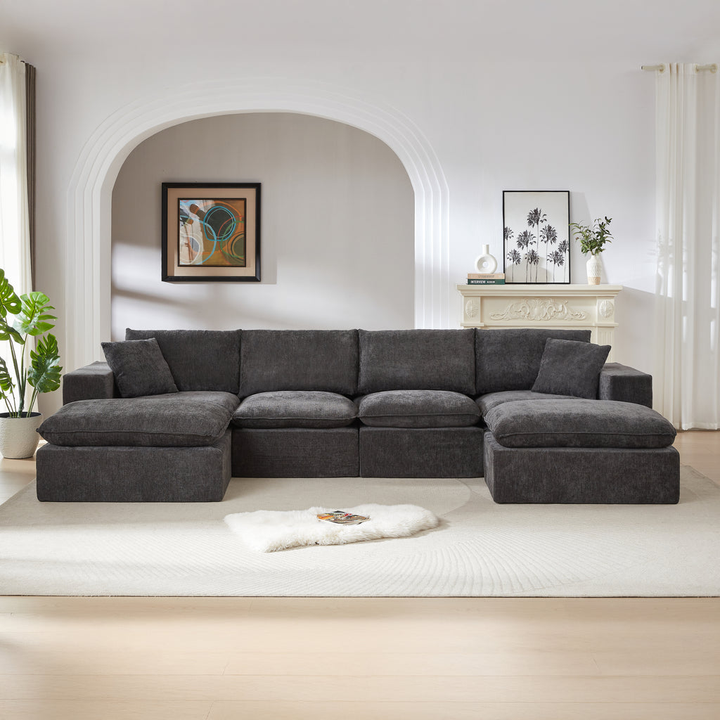 Chenille Cloud Sofa fully assembled in a bright living room, highlighting its modern design, plush seating, and modular flexibility.