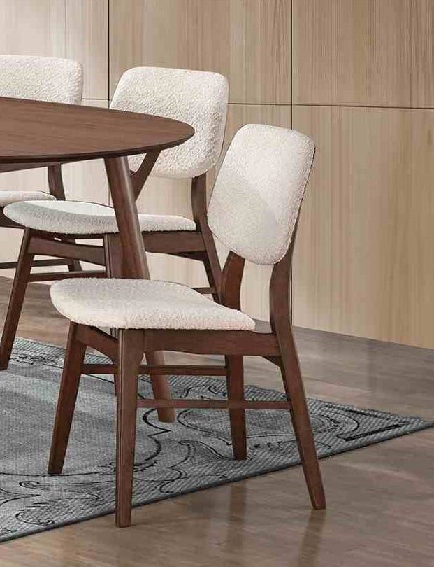Set of mid-century dining chairs with angled legs and padded seats in a modern dining room, enhancing comfort and decor.