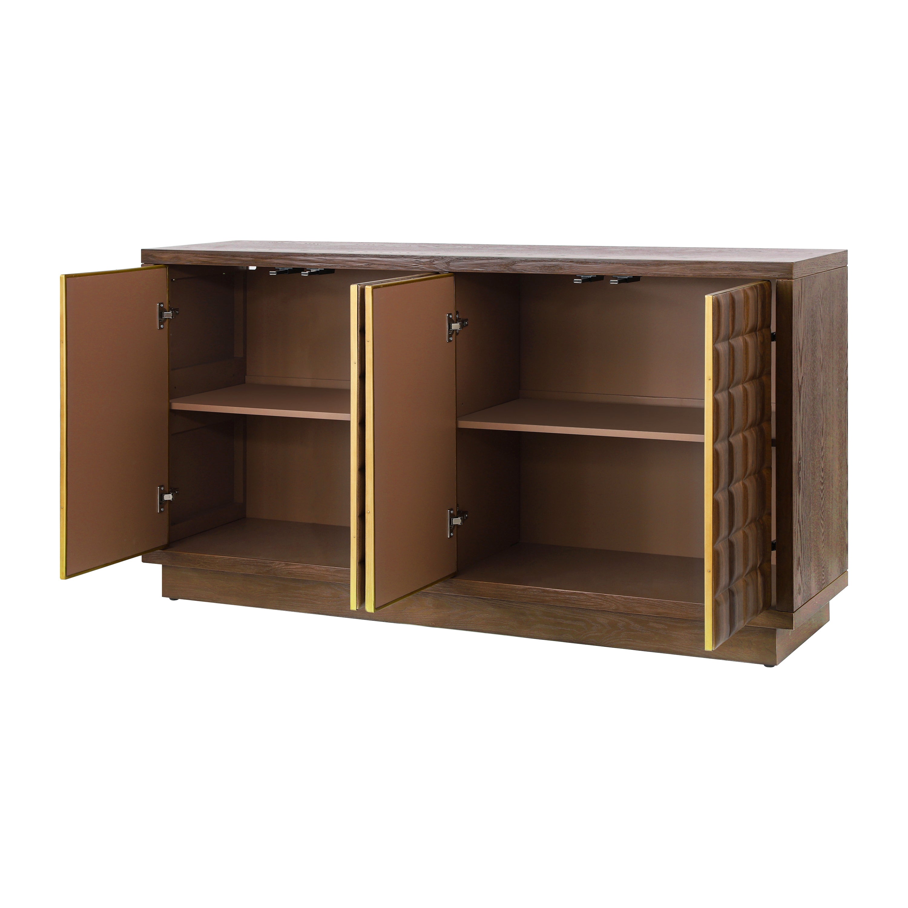 Interior of 4-door cabinet with open doors, displaying spacious compartments and adjustable shelving.