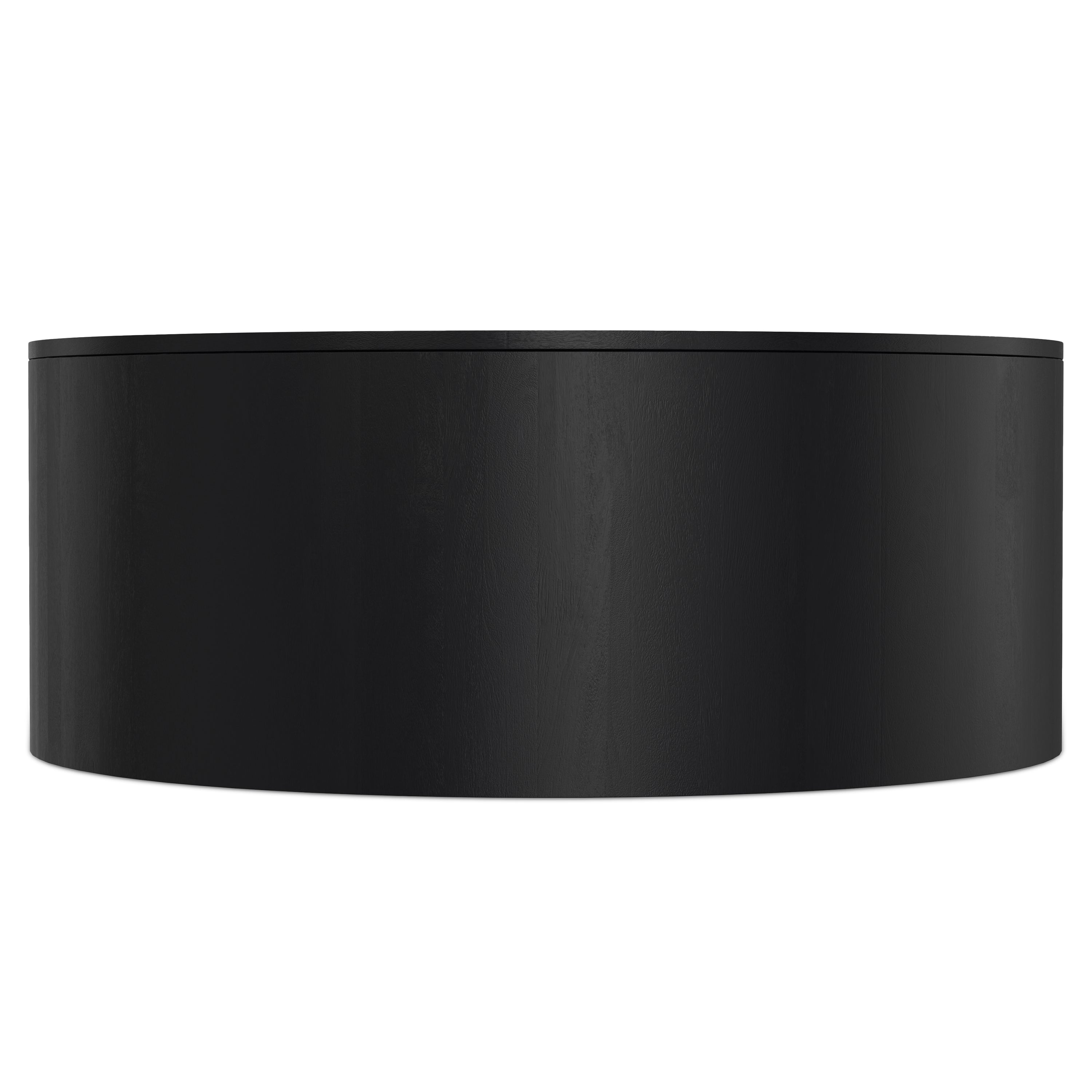 Millbury Wooden Drum Coffee Table in sleek black finish, showcasing its cylindrical shape and minimalist modern design.