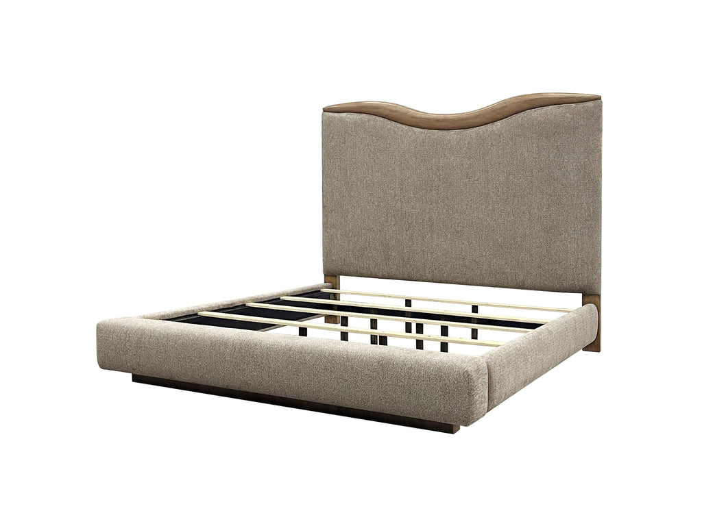 Upholstered queen bed frame with curved headboard and slatted base, showcasing durable platform construction in neutral fabric and wood.