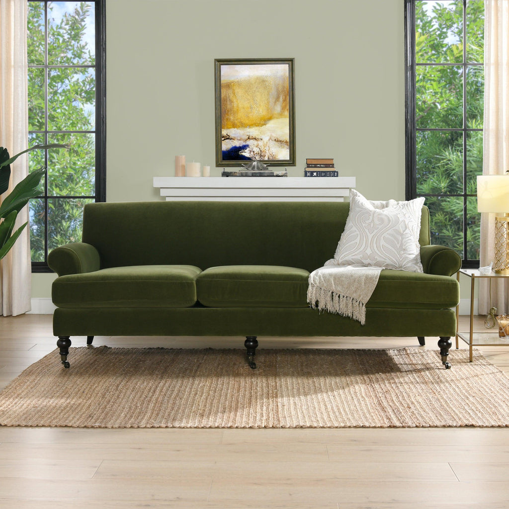 Alana Lawson Olive Green Velvet Sofa for Living Room.
