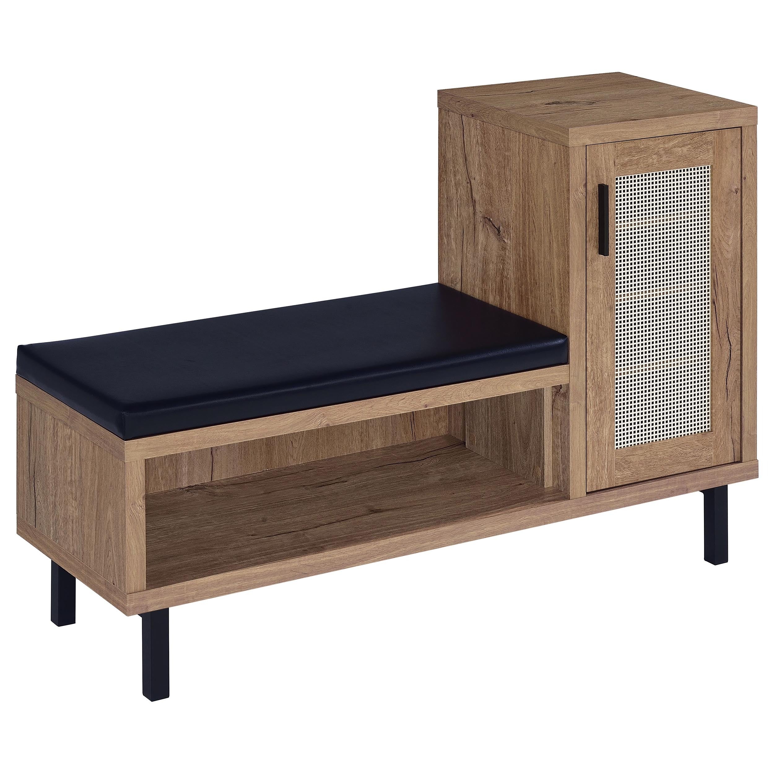 Natural oak shoe storage bench with a black faux leather seat, rattan-style door, and modern black metal legs.