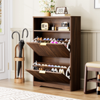 Shoe Storage Cabinet for Entryway with Flip Drawers - Walnut