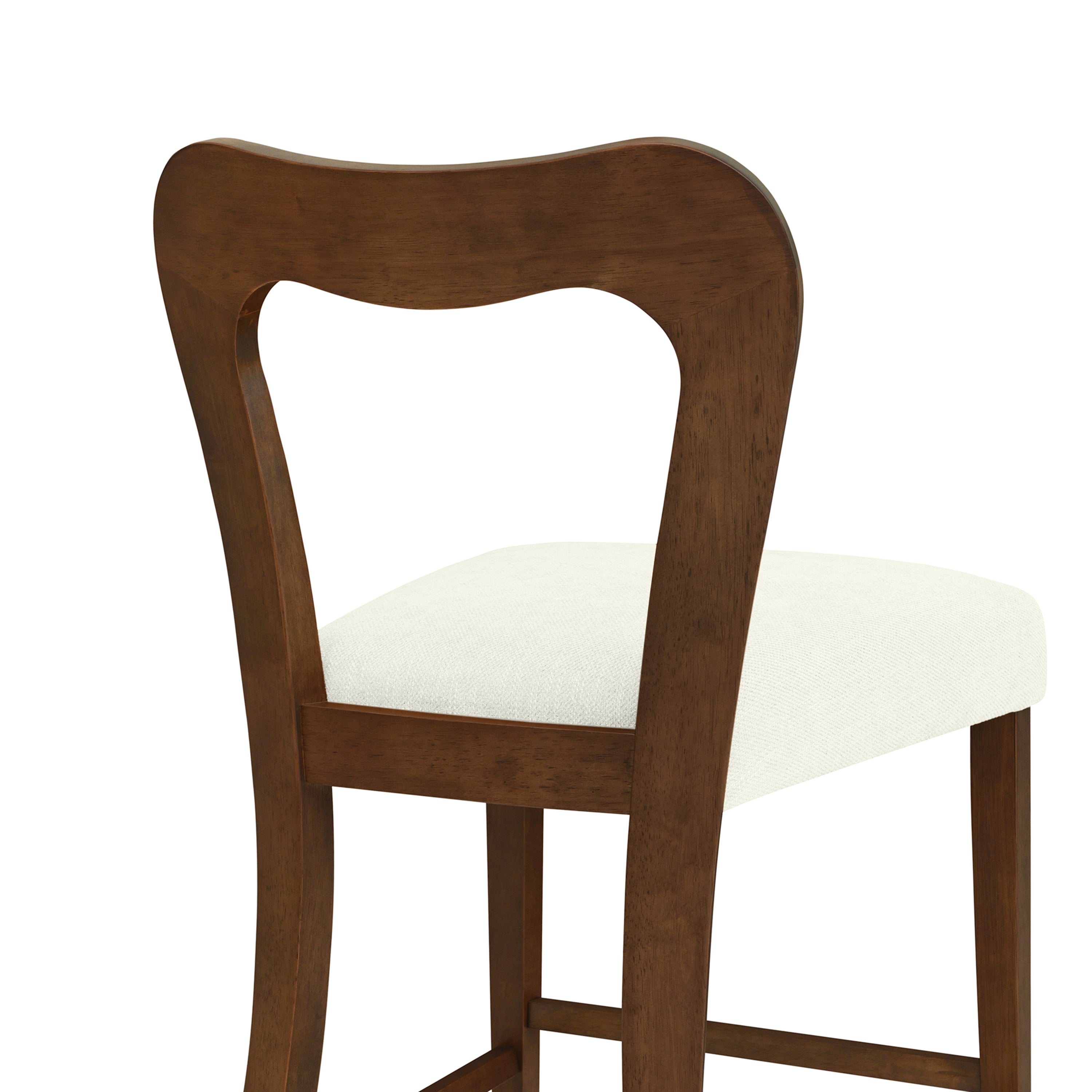 Detail of backrest on Walnut+Beige Counter Stool with smooth wood finish and ergonomic curve. Adds elegance to kitchen seating.