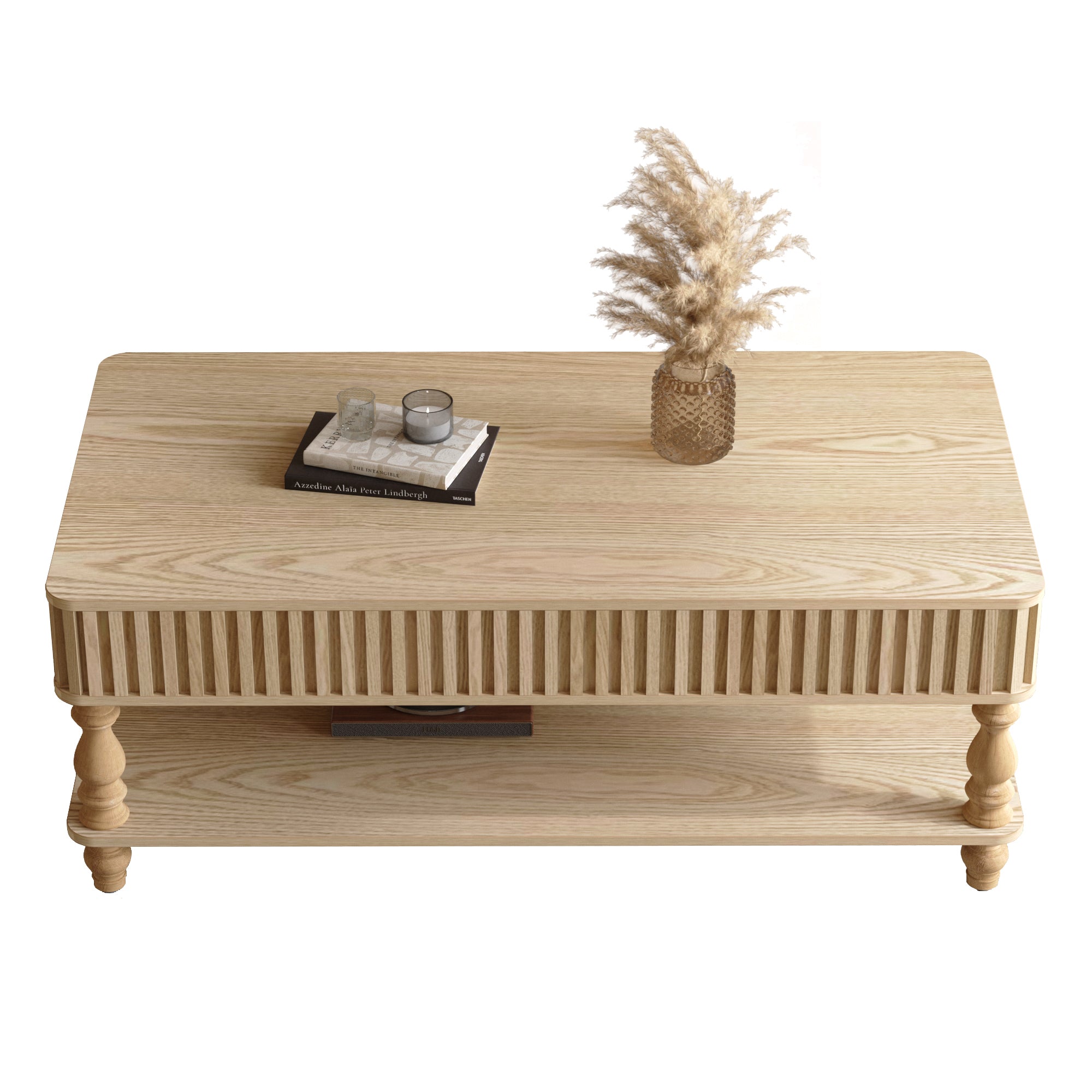 Lift top coffee table with hidden storage in solid wood, featuring fluted sides and turned legs for an elegant, space-saving living room solution.