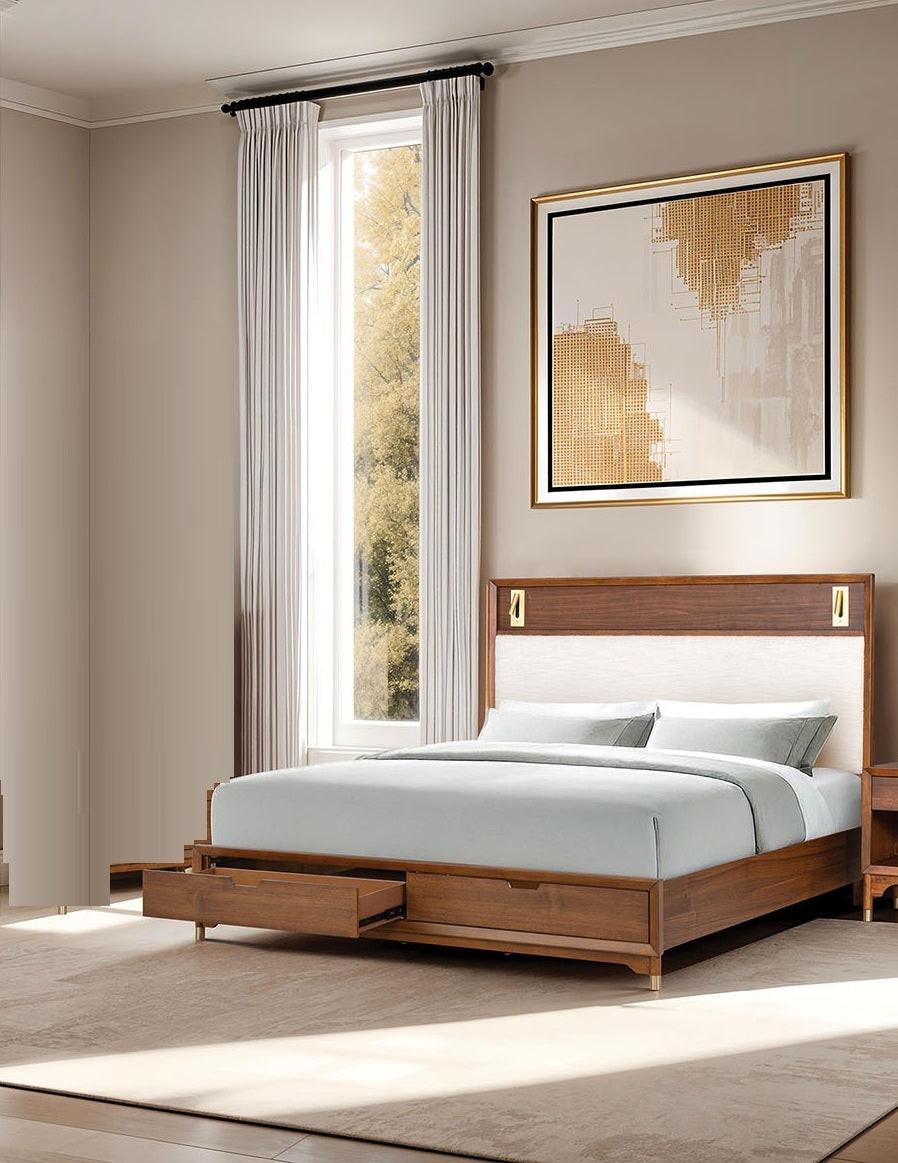 Mid-Century Modern Queen Size Bed with Storage Drawers.