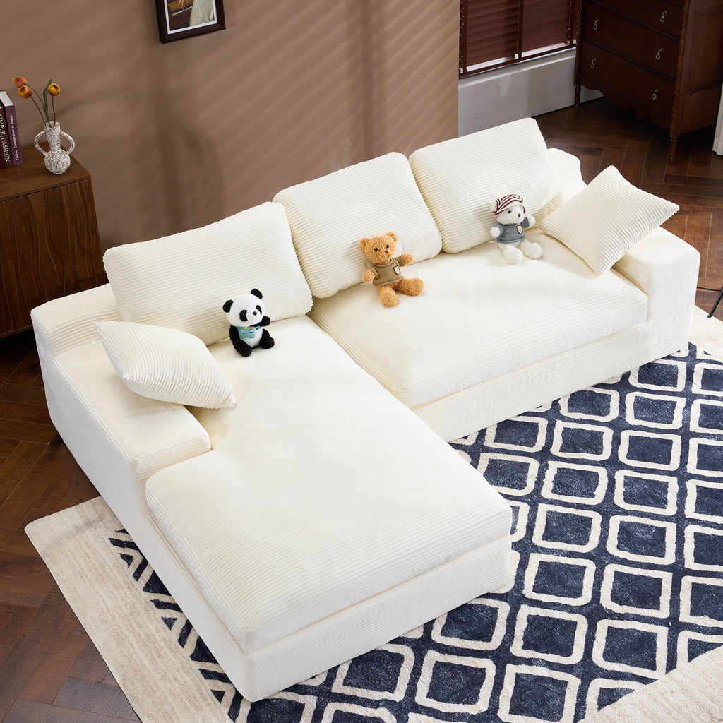 Top view of White Corduroy Sofa featuring soft texture, 3 back cushions, and 2 pillows, ideal for spacious living rooms.