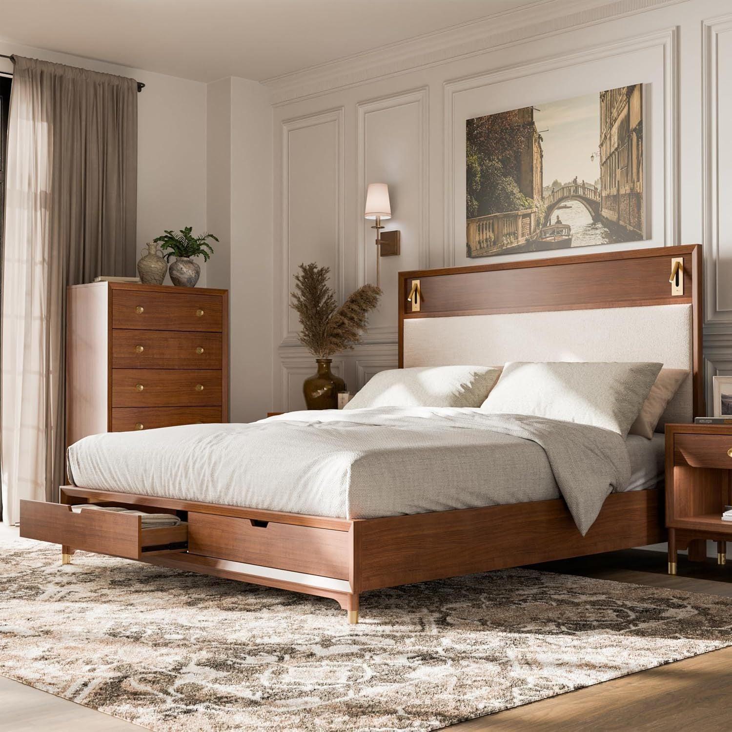 Mid-Century Modern King Size Bed with Storage Drawers.