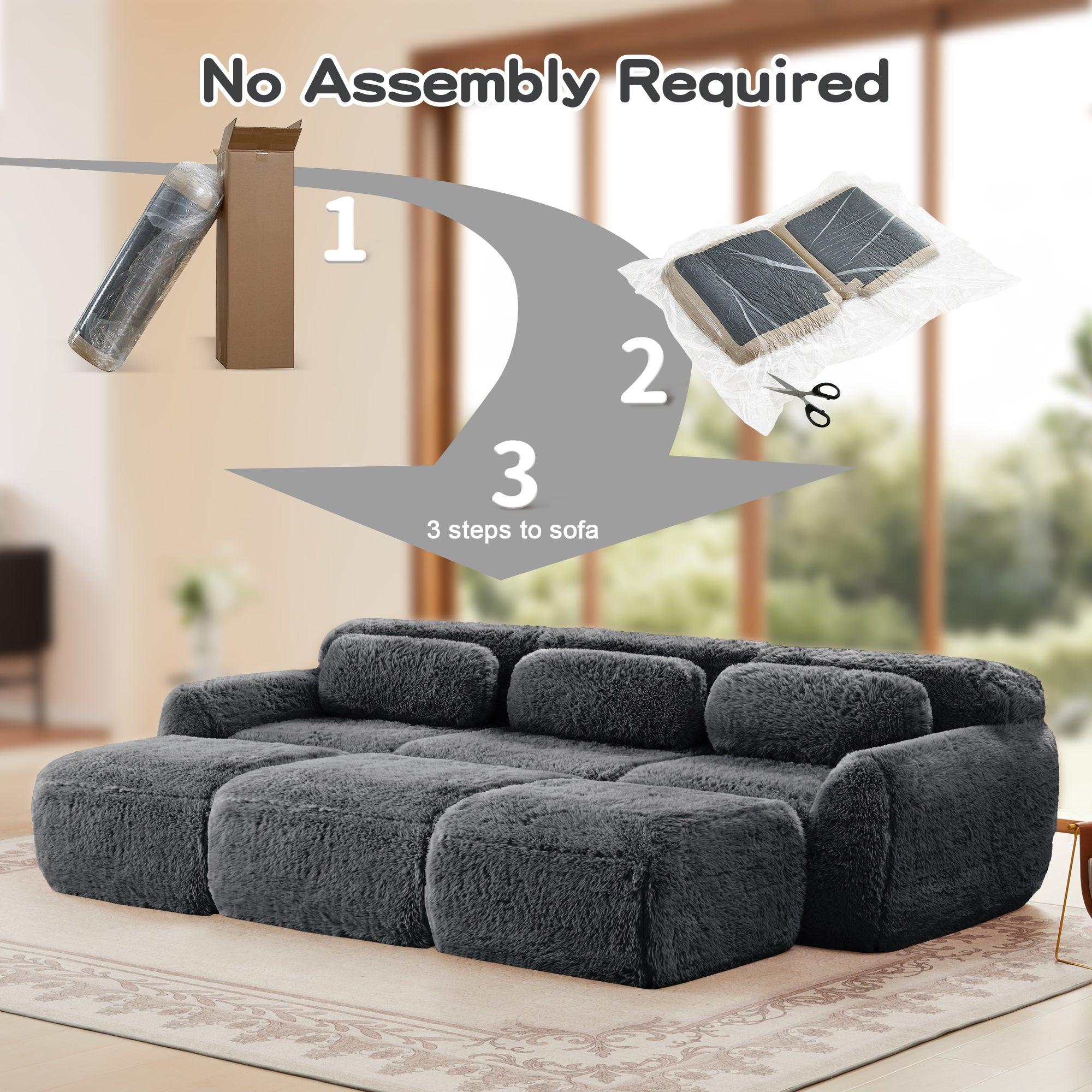 Modular 3-Seater Plush Sofa with Movable Ottoman - Dark Grey.