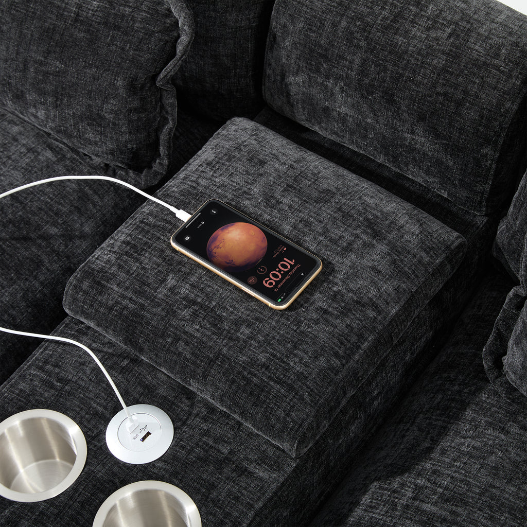 Close-up of USB charging port in use on Modern U-Shaped Sectional Sofa with Console & USB, highlighting tech-friendly features.