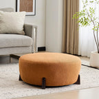 Round Boucle Ottoman with Rubber Wood Legs.