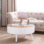 Lift-top round coffee table in a boho farmhouse style, used as a workspace in a cozy living room with tufted sofa.