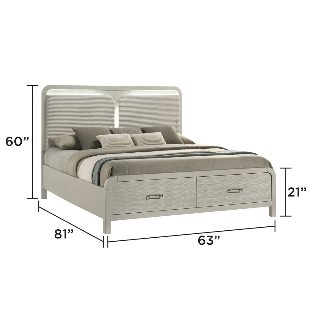 Aria Modern Queen Bed with Storage shown with dimensions 60”H x 81”D x 63”W, highlighting its spacious design and integrated storage drawers.