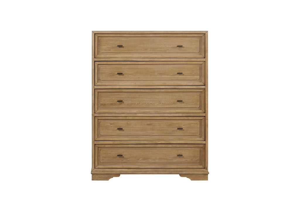 Cashew-colored hickory 5-drawer chest with framed drawer fronts and minimal dark hardware, set on a sturdy base.