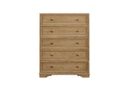 Cashew-colored hickory 5-drawer chest with framed drawer fronts and minimal dark hardware, set on a sturdy base.