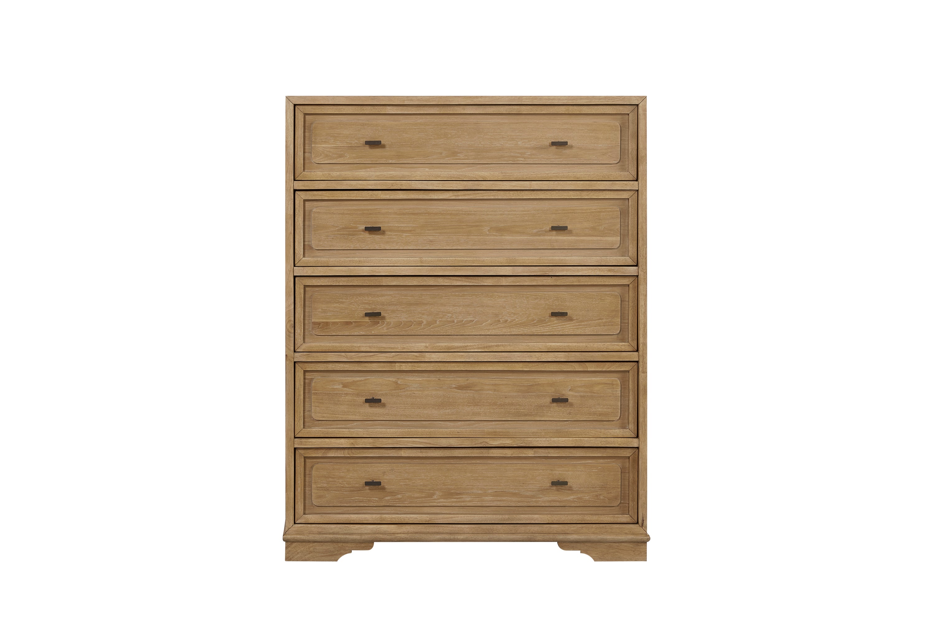 Cashew-colored hickory 5-drawer chest with framed drawer fronts and minimal dark hardware, set on a sturdy base.