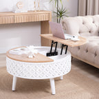 Multifunctional round coffee table with lift-top for laptop use, white carved base and wood top in a cozy living space.