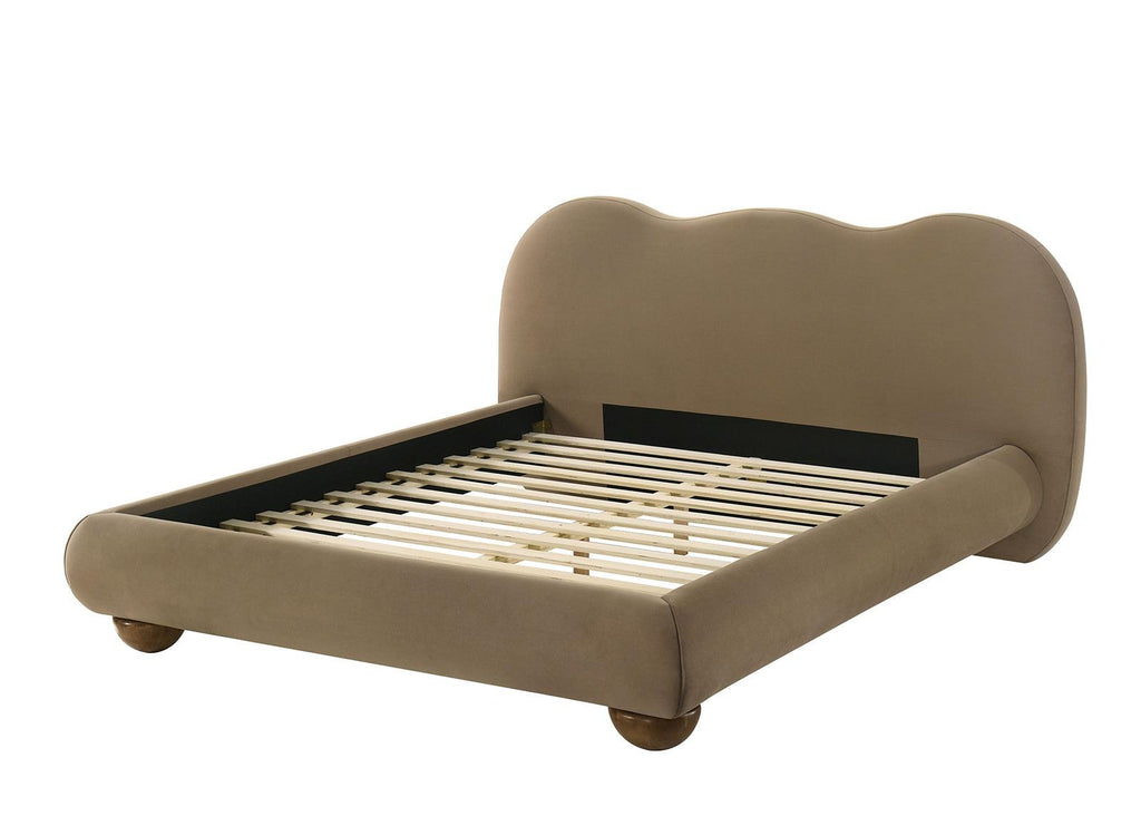 Eastern King Size Bed Boucle Upholstered in Brown.