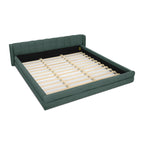 Perspective view of chenille upholstered king bed frame with slatted base, combining luxury and functionality.