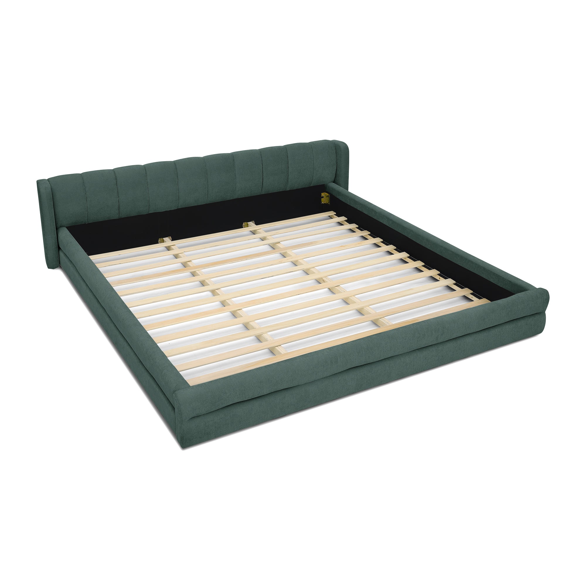 Perspective view of chenille upholstered king bed frame with slatted base, combining luxury and functionality.