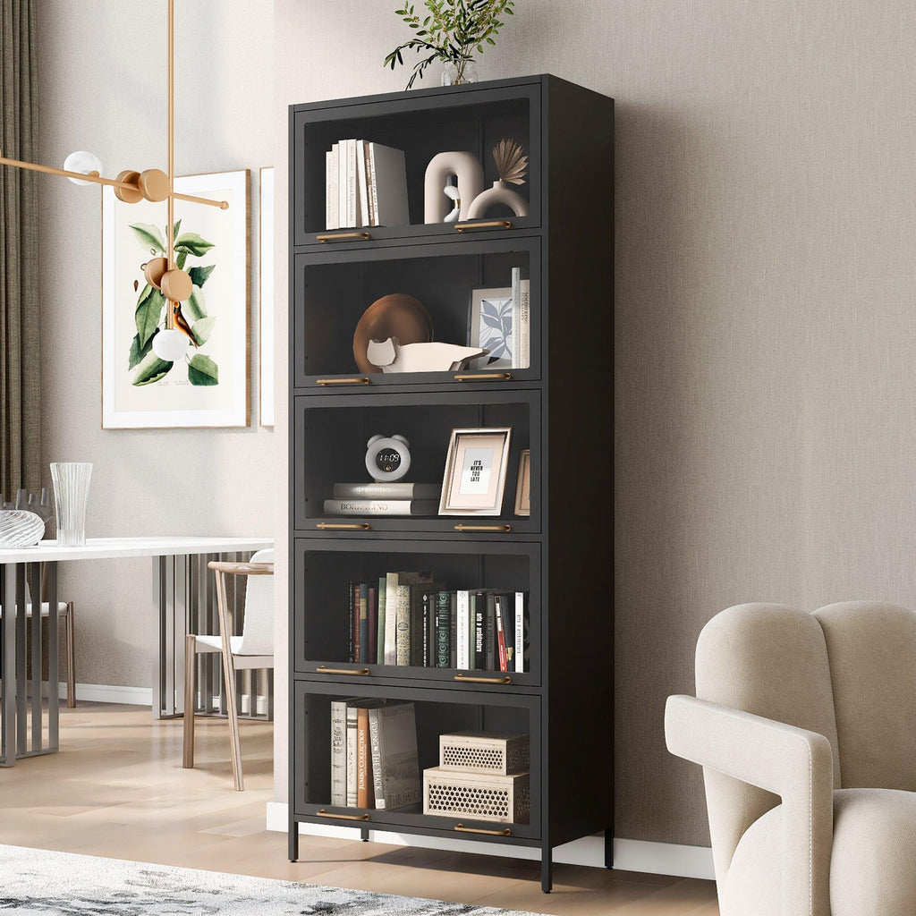 Iron Display Cabinet with Glass Doors - 5-Tier Bookcase.