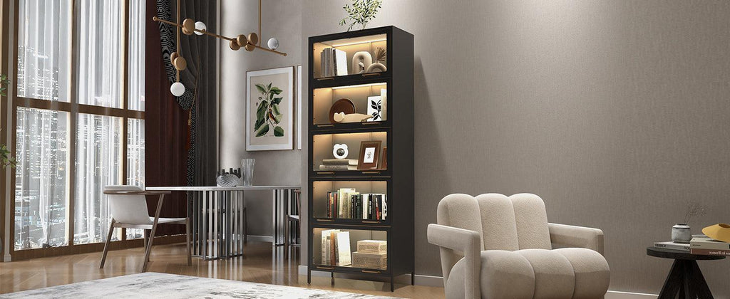 Iron Display Cabinet with Glass Doors - 5-Tier Bookcase.