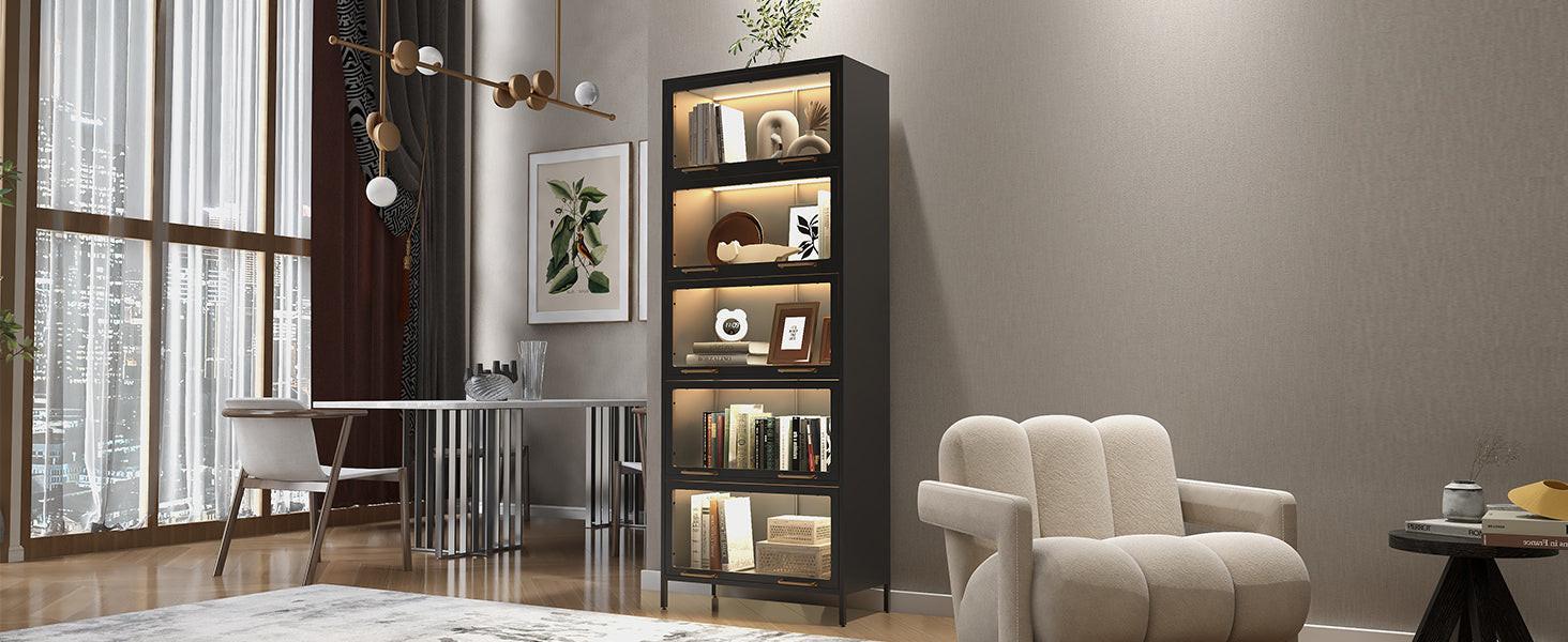 Iron Display Cabinet with Glass Doors - 5-Tier Bookcase.
