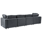 Rear view of modular sofa with hidden storage and charging ports, showcasing modular sections and tech integration.
