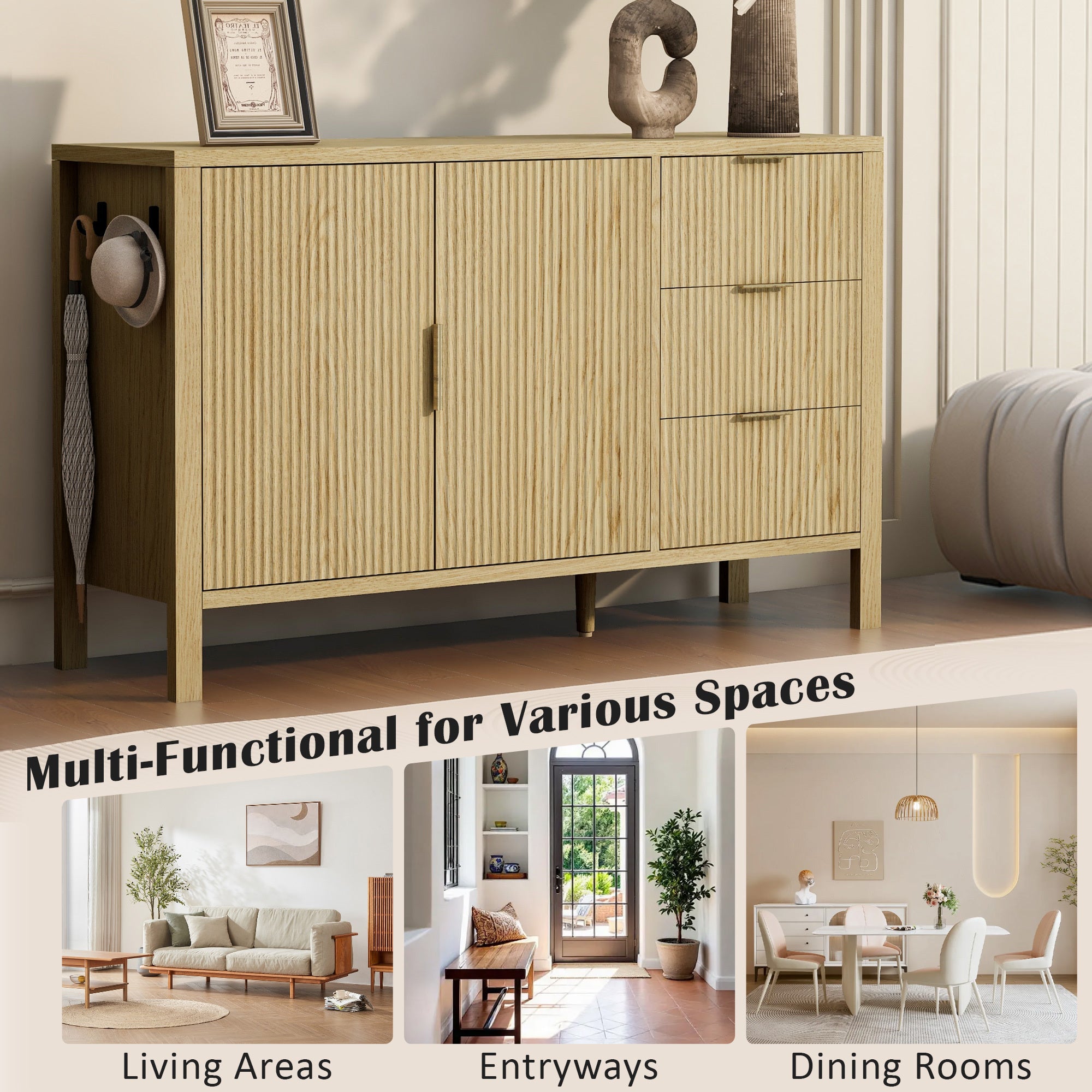Versatile sideboard cabinet with wave-pattern design shown in living room, entryway, and dining room settings for multi-functional use.