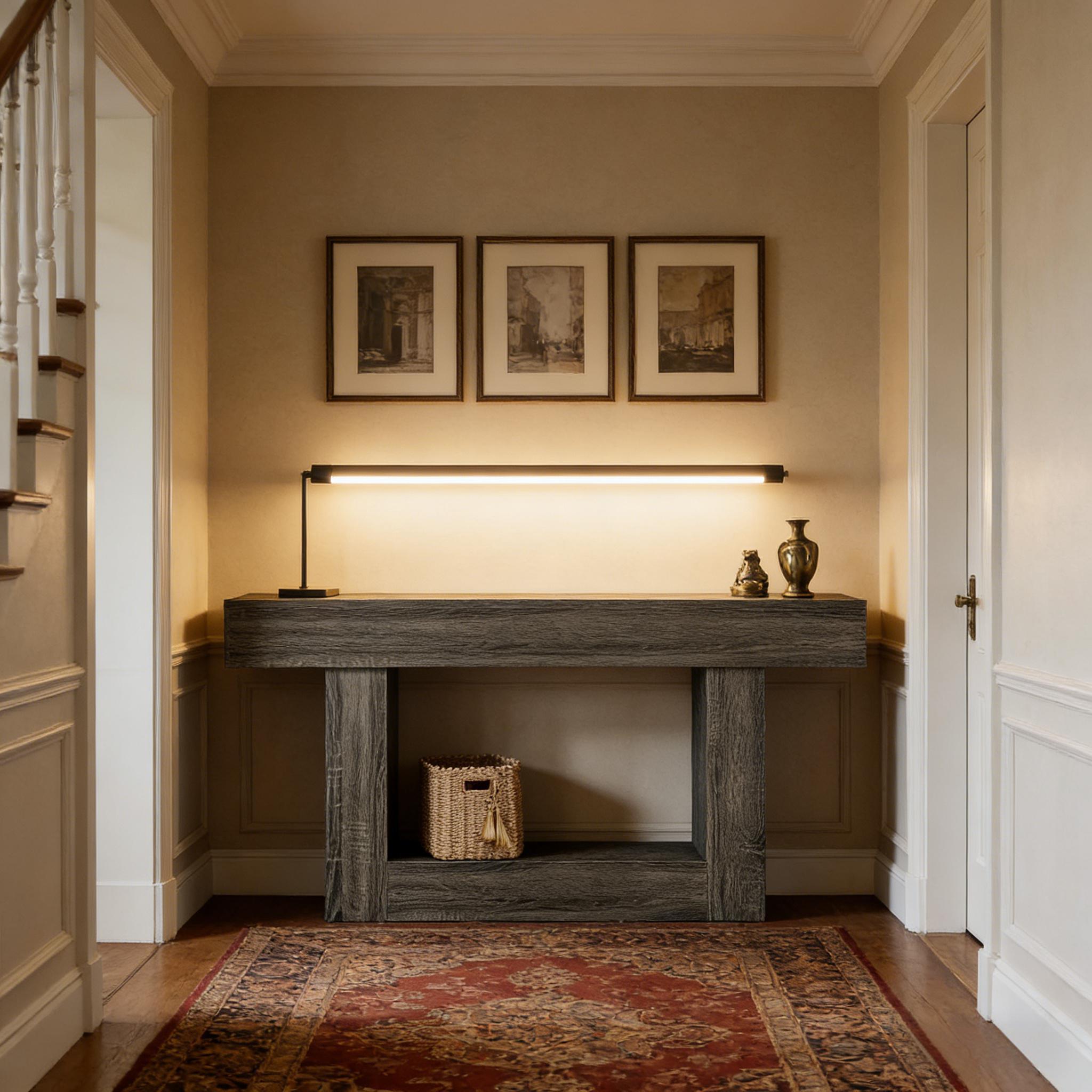 Modern rustic dark gray wood console table with a thick frame and lower shelf, positioned in a warmly lit entryway.