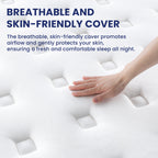 Hand pressing breathable, skin-friendly cover of 14 Inch King Hybrid Mattress, designed for airflow and skin protection during sleep.
