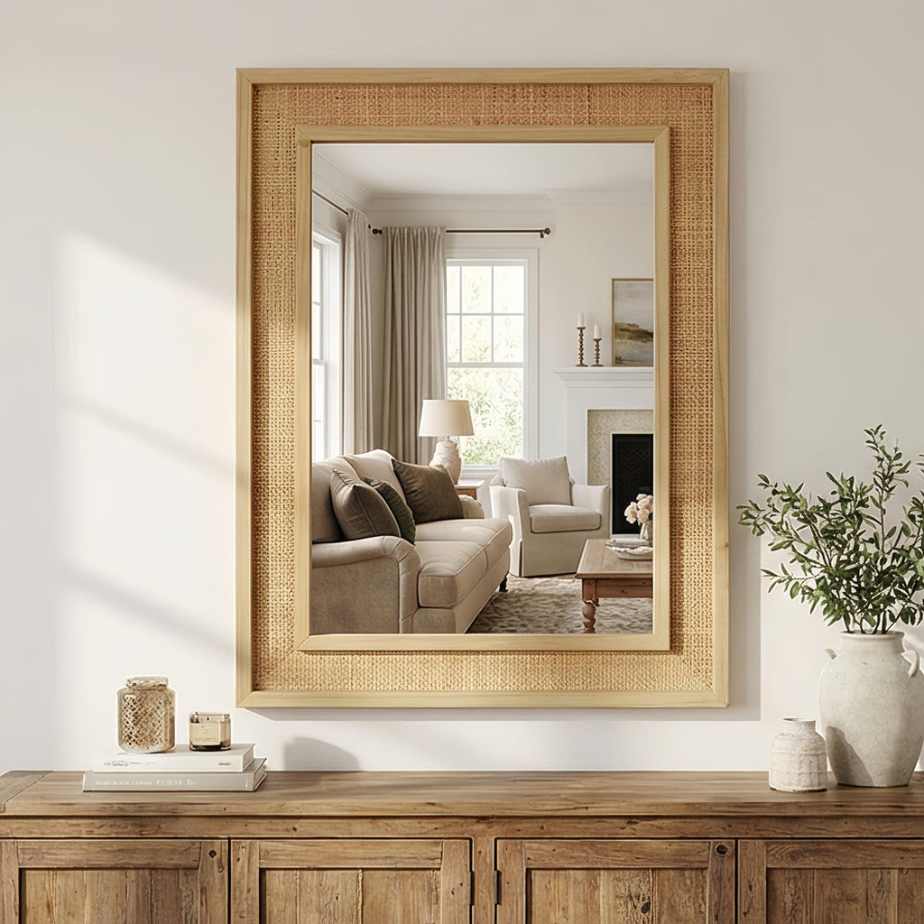 Rattan Solid Wood Frame Mirror for Home Decor.