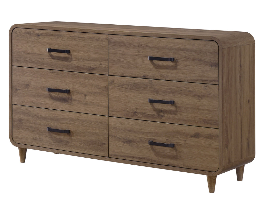 Contemporary light brown wooden six-drawer dresser with rounded corners and slim black metal handles on tapered legs.