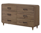 Contemporary light brown wooden six-drawer dresser with rounded corners and slim black metal handles on tapered legs.