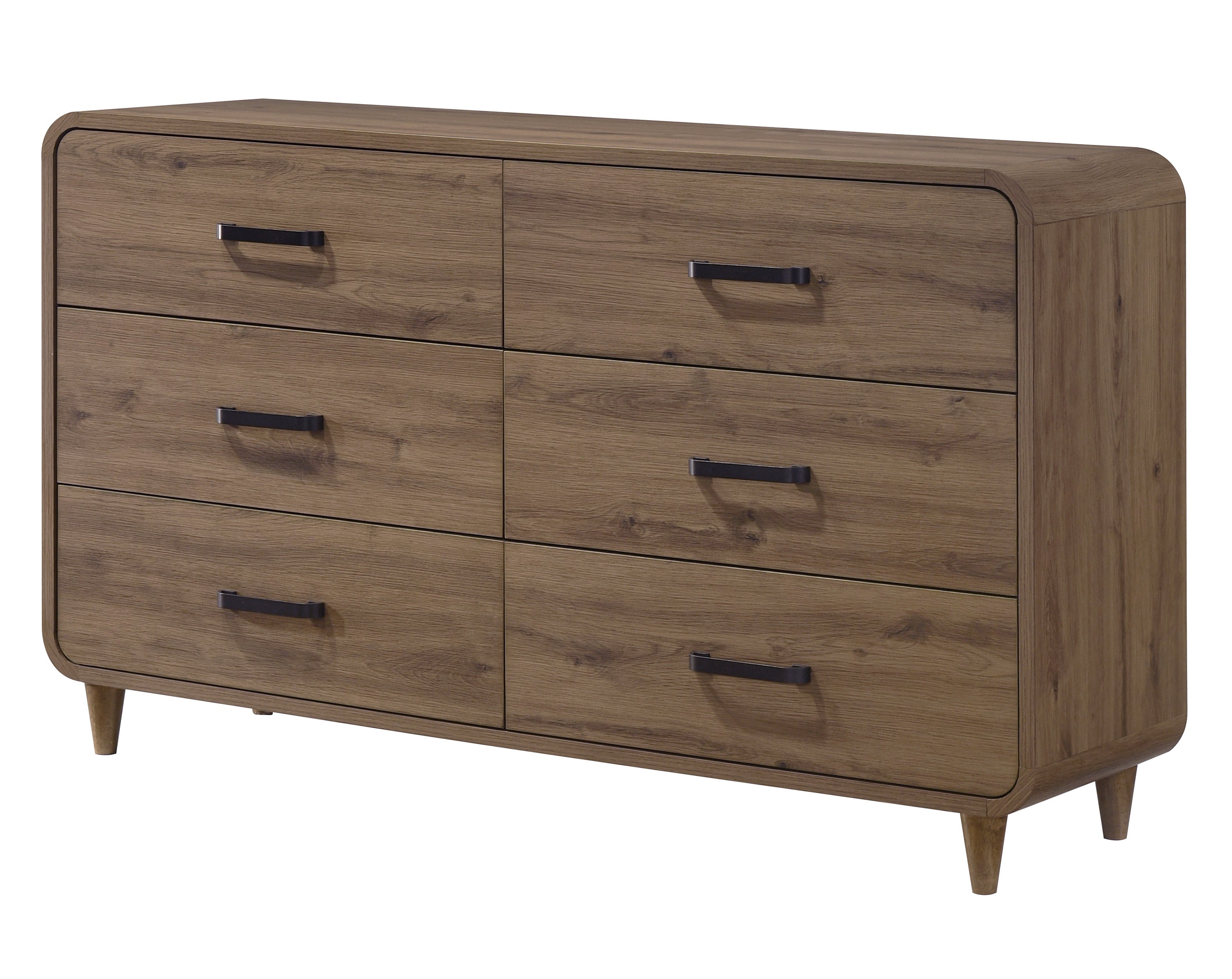 Contemporary light brown wooden six-drawer dresser with rounded corners and slim black metal handles on tapered legs.