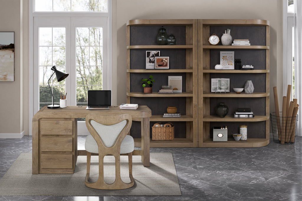 Reversible Oak Etagere styled in a home office with matching desk, offering flexible solid wood shelving and decor display.