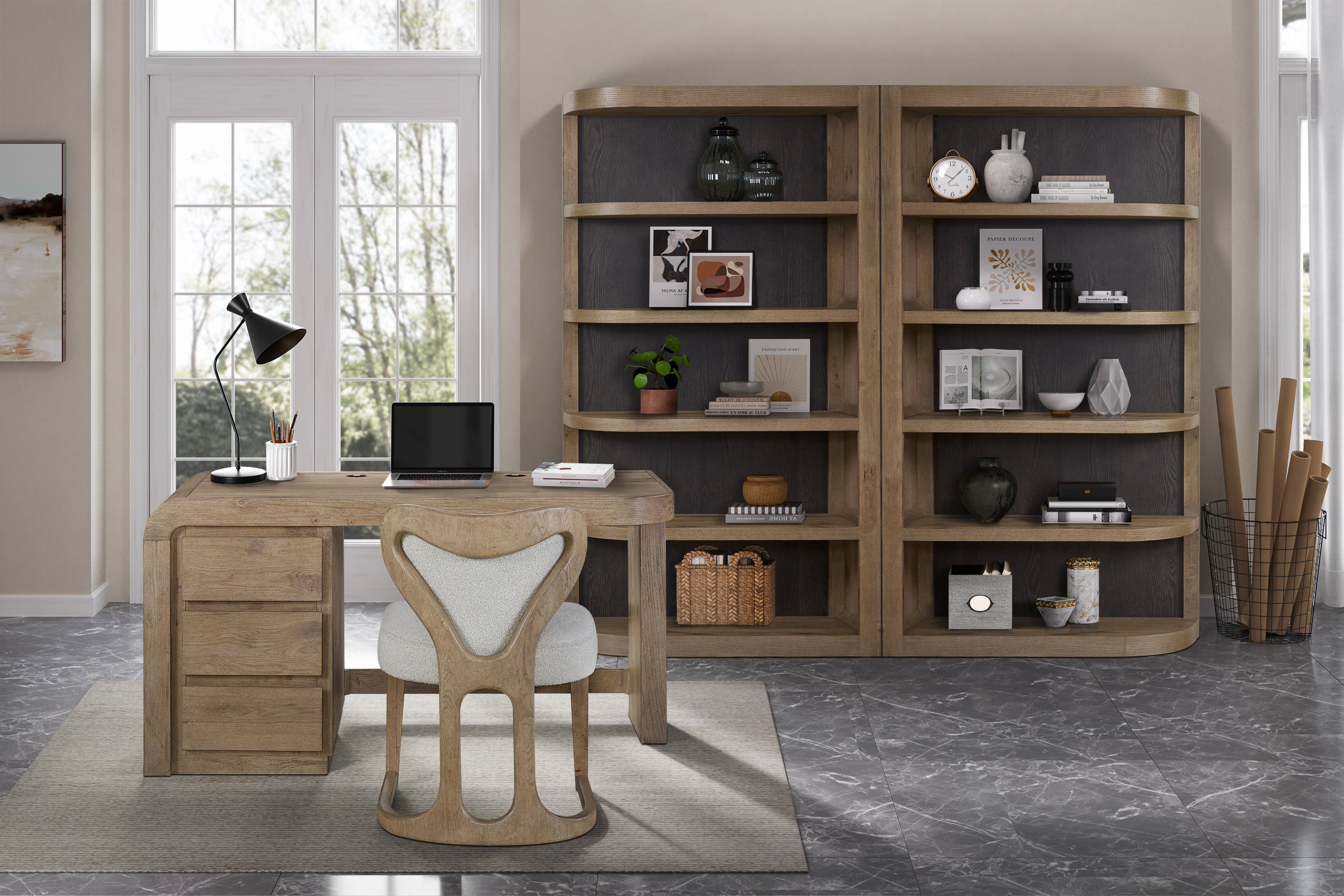 Reversible Oak Etagere styled in a home office with matching desk, offering flexible solid wood shelving and decor display.