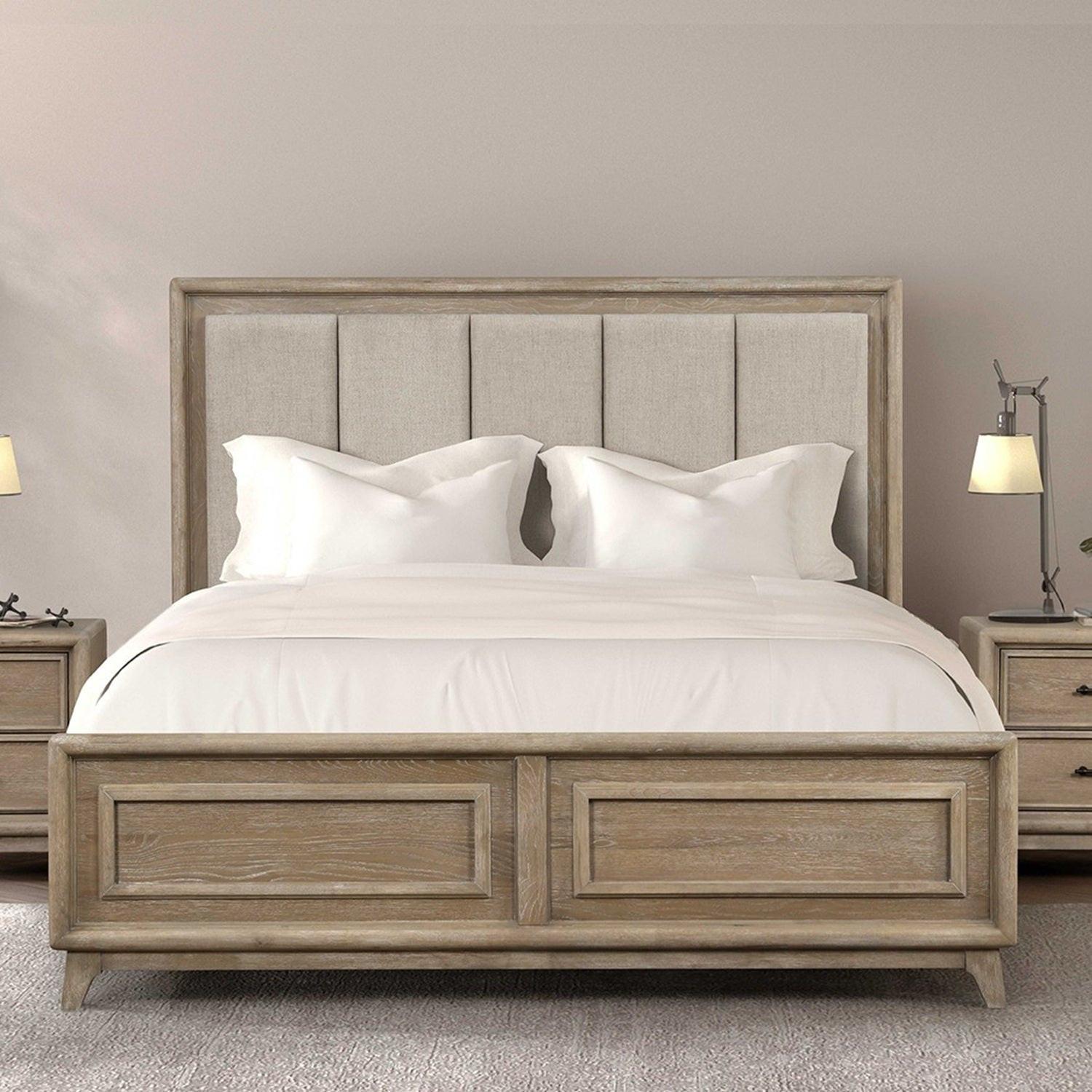 Queen Size Bed with Padded Headboard in Oak Finish.