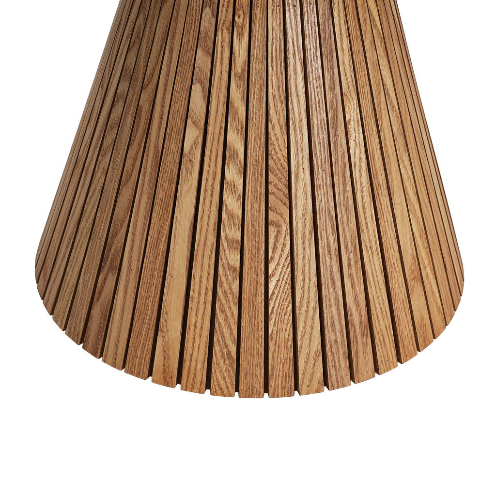 Close-up of the fluted wooden base of the Four-Leaf Clover Accent Table, emphasizing its natural finish and vertical slats.