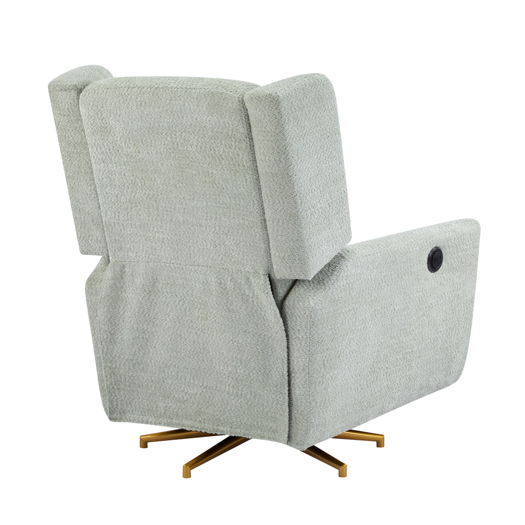 Rear view of boucle upholstered swivel recliner chair with gold base, highlighting clean lines and modern design.