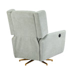 Rear view of boucle upholstered swivel recliner chair with gold base, highlighting clean lines and modern design.