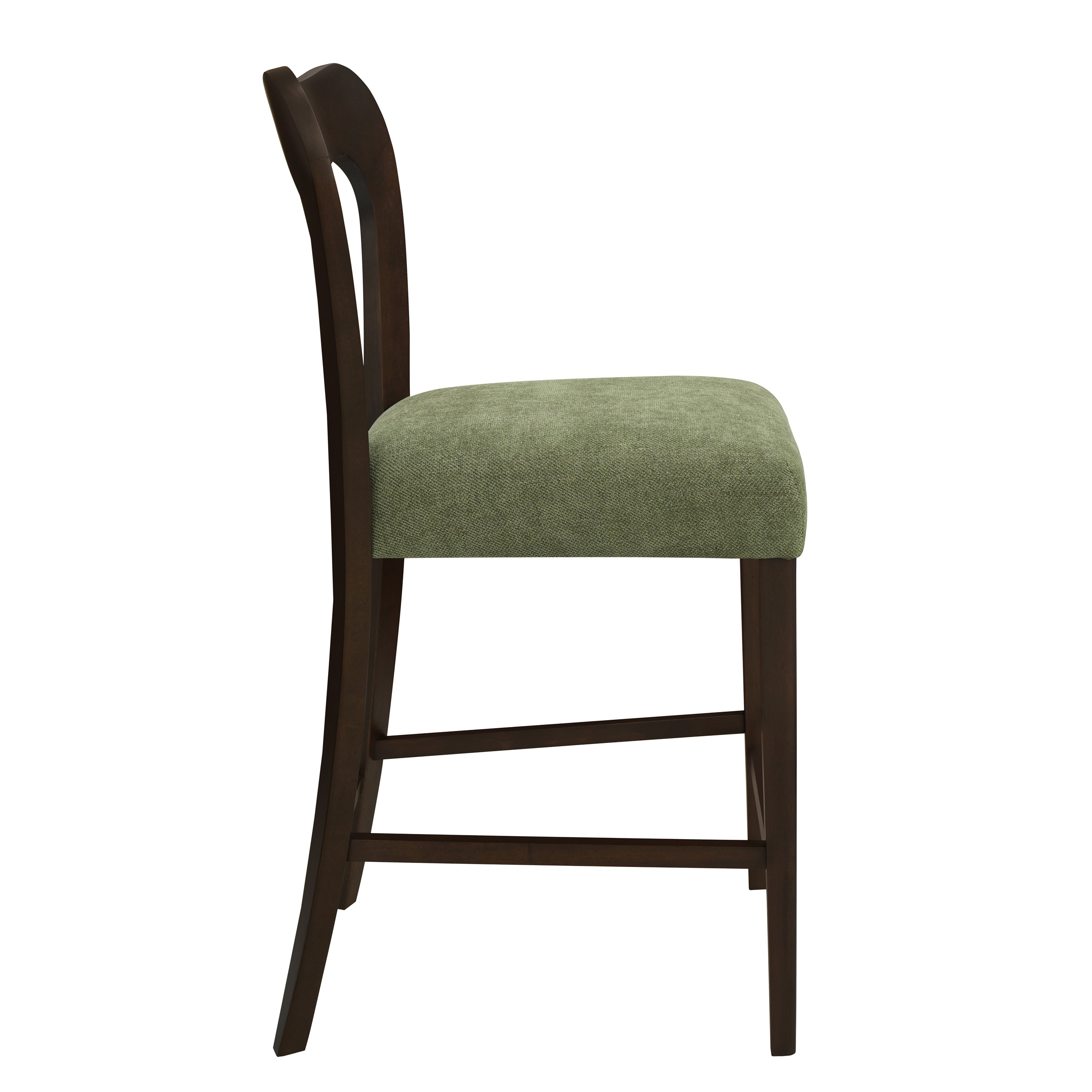Side profile of a green and dark brown rubberwood counter stool. Features a supportive backrest and footrest for added comfort.