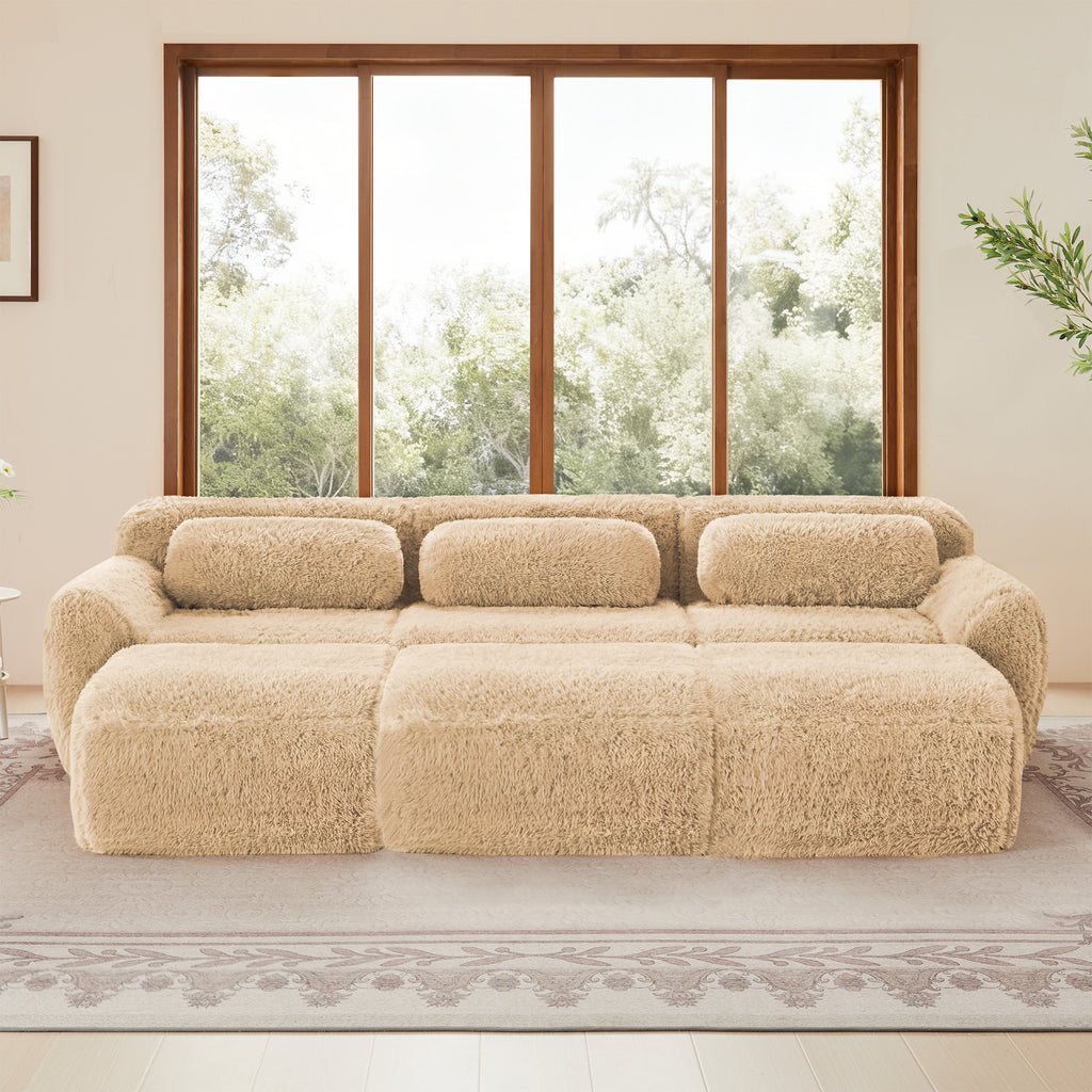 Front view of plush fabric modular 3-seater sofa with no assembly, designed for comfort and modern interiors.
