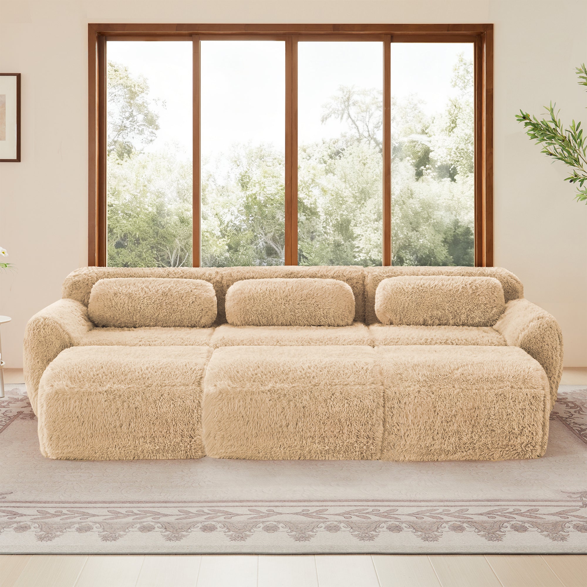 Front view of plush fabric modular 3-seater sofa with no assembly, designed for comfort and modern interiors.