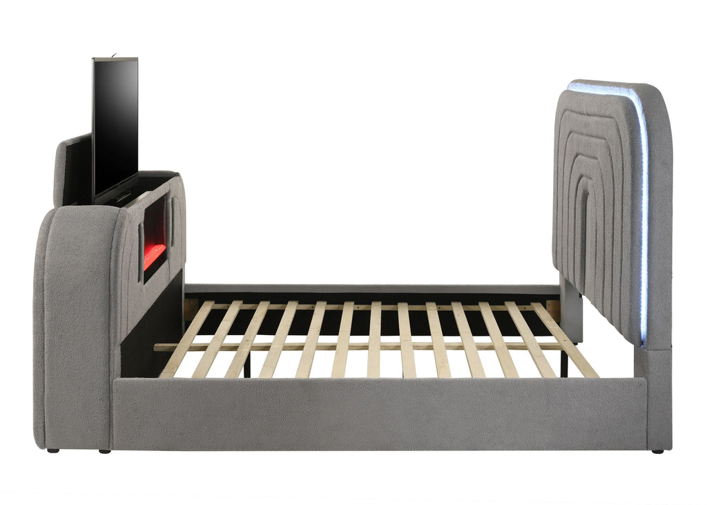 Gray Sherpa Bed frame with slatted base, LED headboard, and integrated TV stand with Bluetooth and red LED lights.